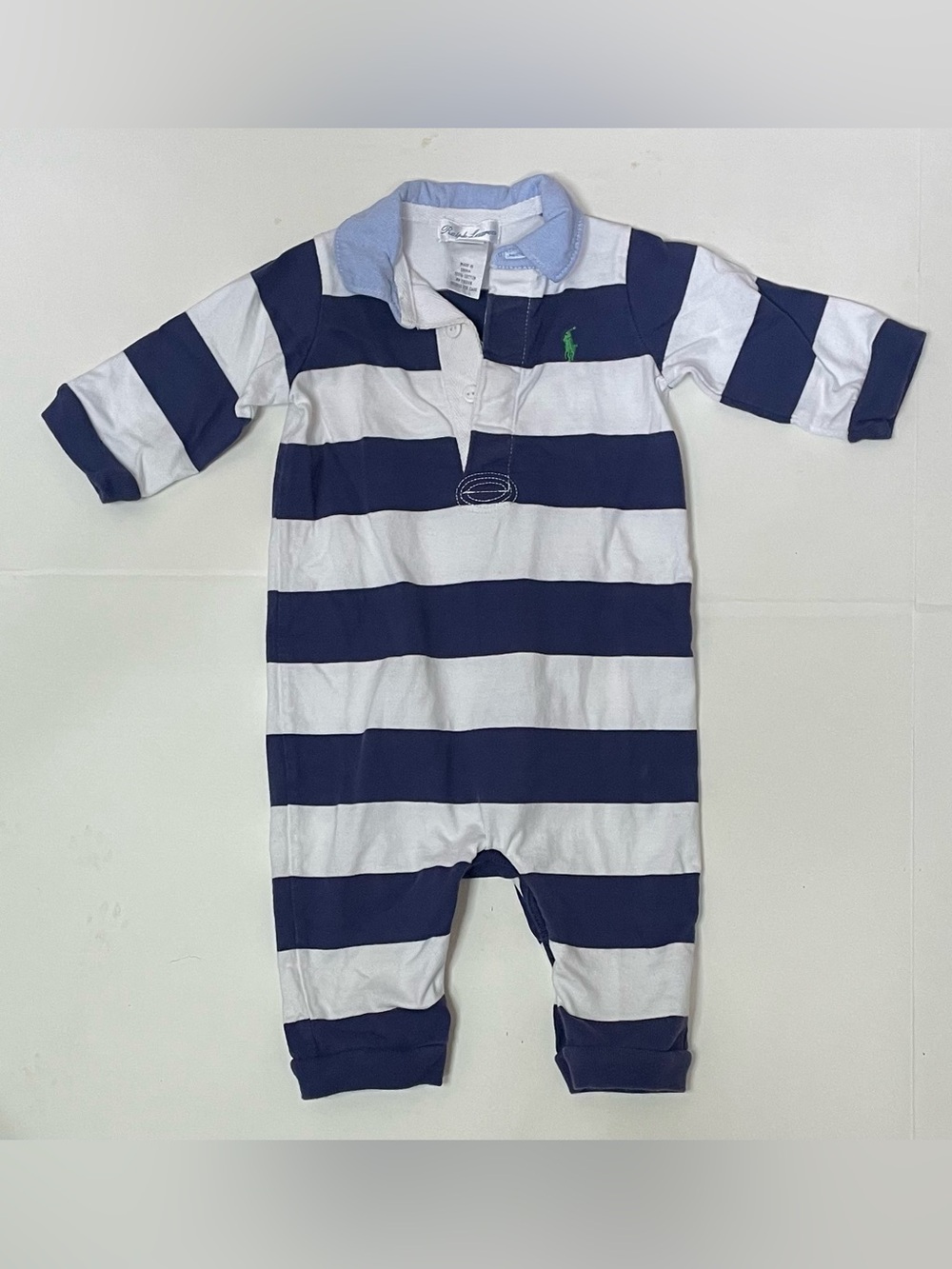 Ralph Lauren Navy & White Striped Cotton Rugby Polo Coverall Footie